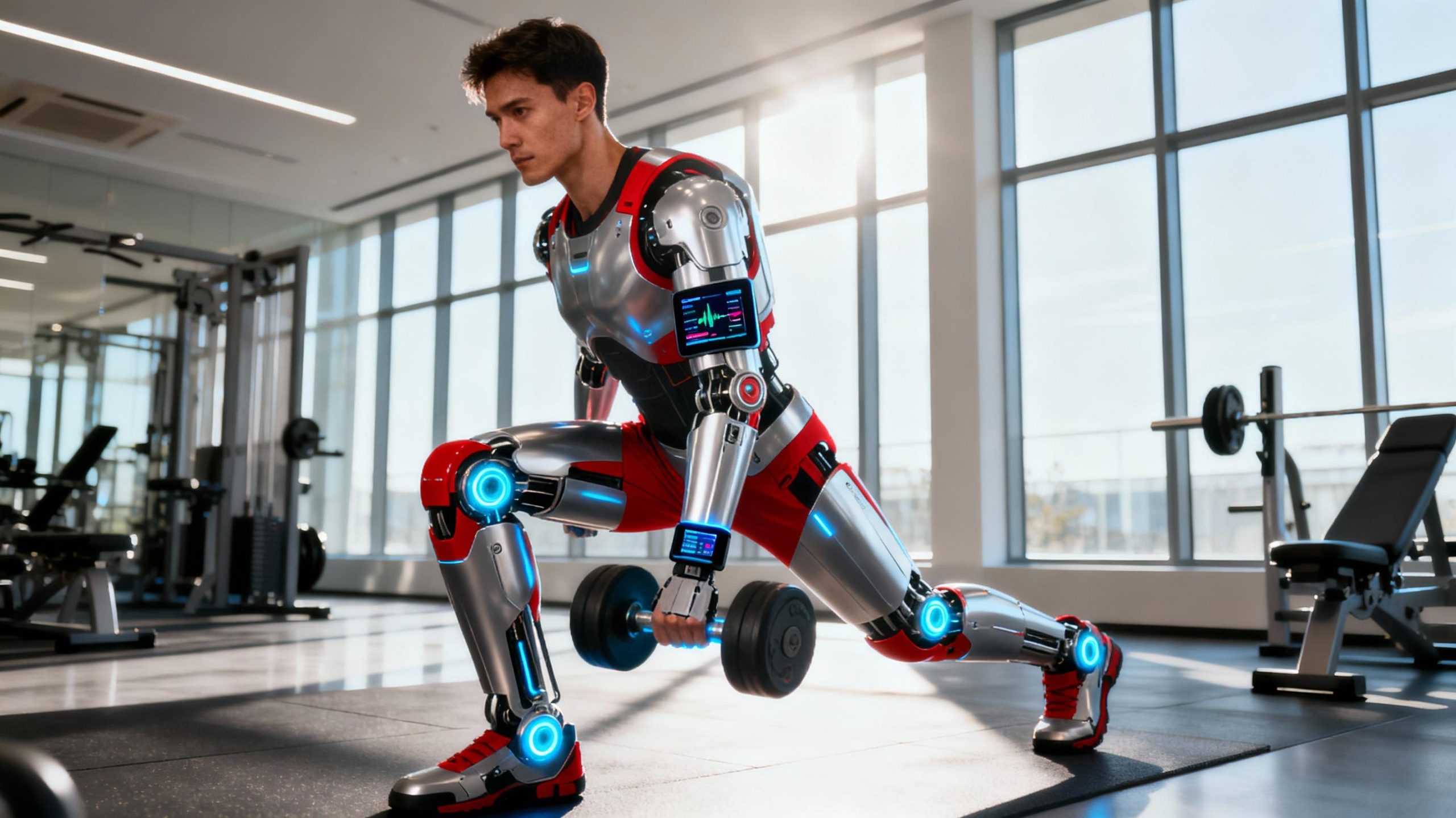 An athlete wearing a silver-and-red exoskeleton performs a weighted lunge in a modern gym. The device’s hydraulic actuators glow faintly, and real-time biometric data streams on a wrist-mounted screen. Sunlight streams through floor-to-ceiling windows, emphasizing the synergy between human and machine.