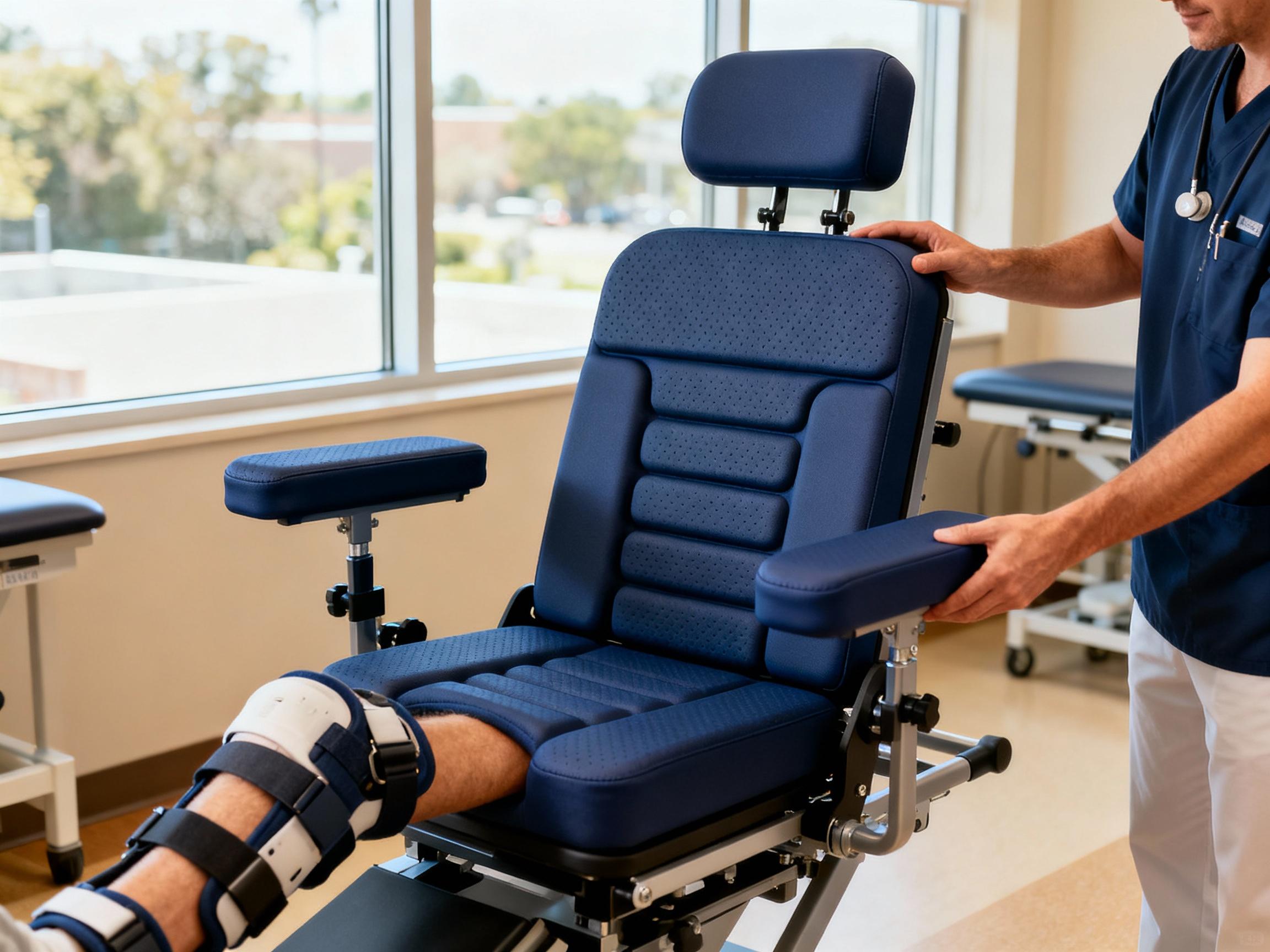 A close-up of an adaptive leg press seat with segmented foam sections, adjustable headrest, and detachable lateral supports. The seat is navy blue with non-slip texture, shown in a rehabilitation clinic with natural light from large windows. A physical therapist demonstrates seat adjustments for a patient with a leg brace.