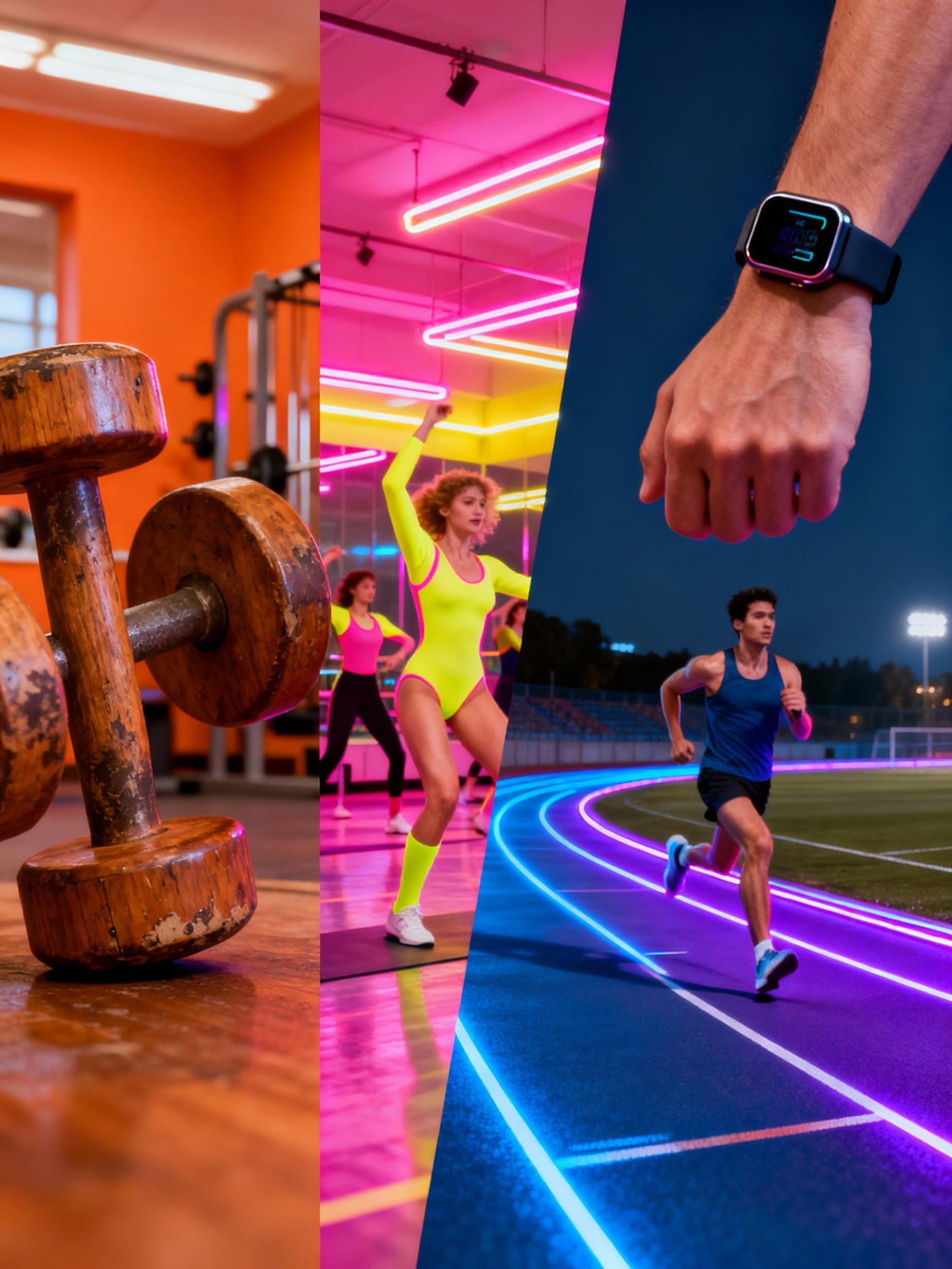 A split-screen image contrasts a retro gym with wooden dumbbells, a 1980s aerobics class in neon leotards, and a modern runner wearing a smartwatch on a neon-lit track, symbolizing fitness tech advancements from past to present.