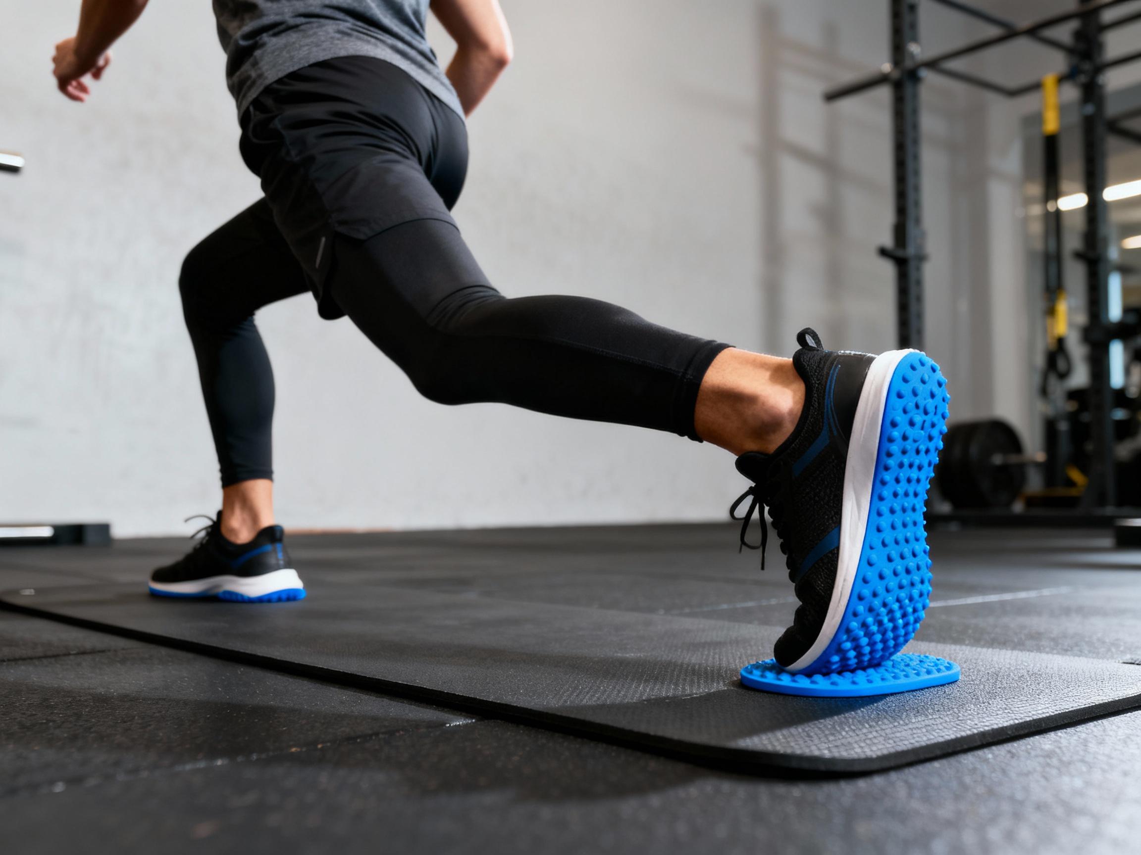 A fitness athlete mid-lunge on a gym mat, wearing sneakers with blue non-slip orthotic covers. The image highlights the shoe’s contact with the mat, showcasing the cover’s grip texture and vibrant color against a neutral gym backdrop.